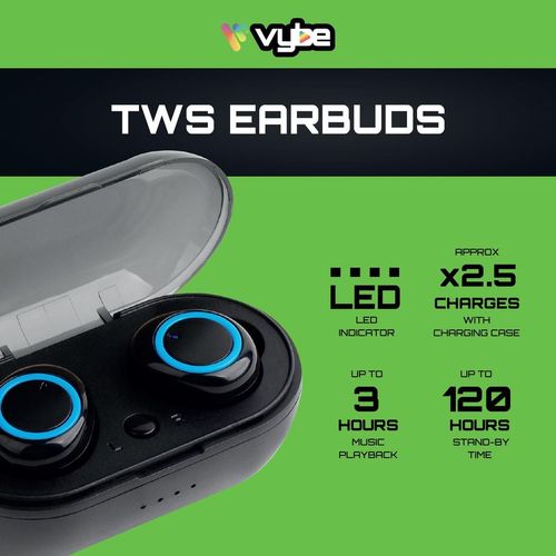 Vybe TWS Earbuds with 3H Music Playback, Charging Case and LED Indicator - Black