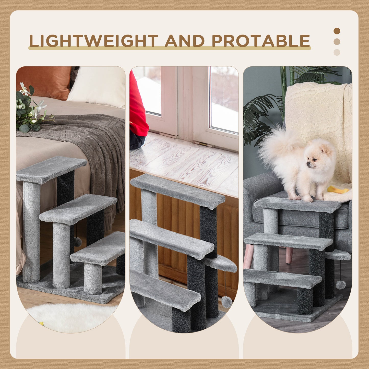 PawHut 3-step Pet Stairs with Scratching Posts, Platforms, Toy Ball in Grey-5