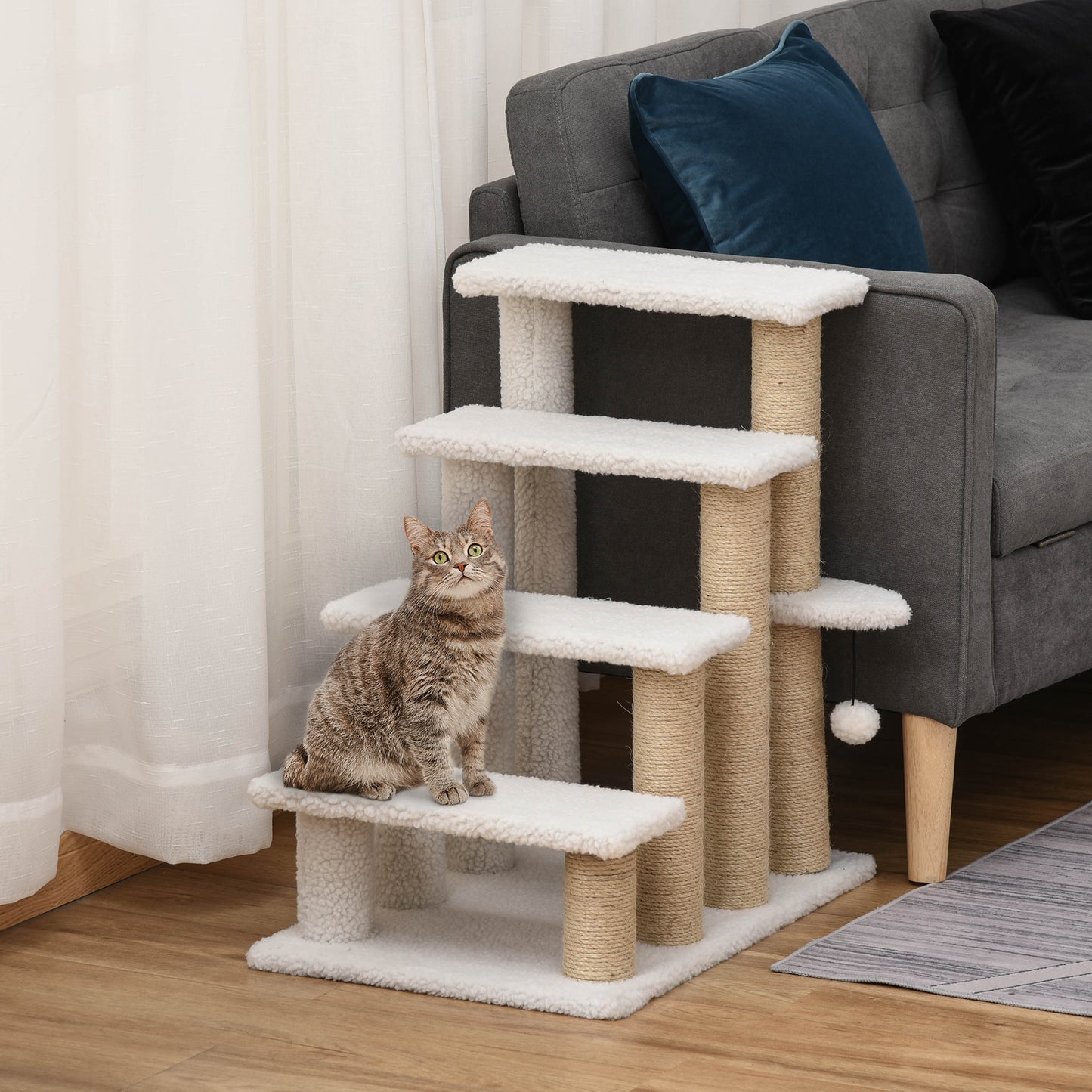 PawHut Pet Stair with 4-step Climb Ladder, Scratching Posts, Platforms, Toy Ball, for Indoor Elderly Cats Kittens in White-8