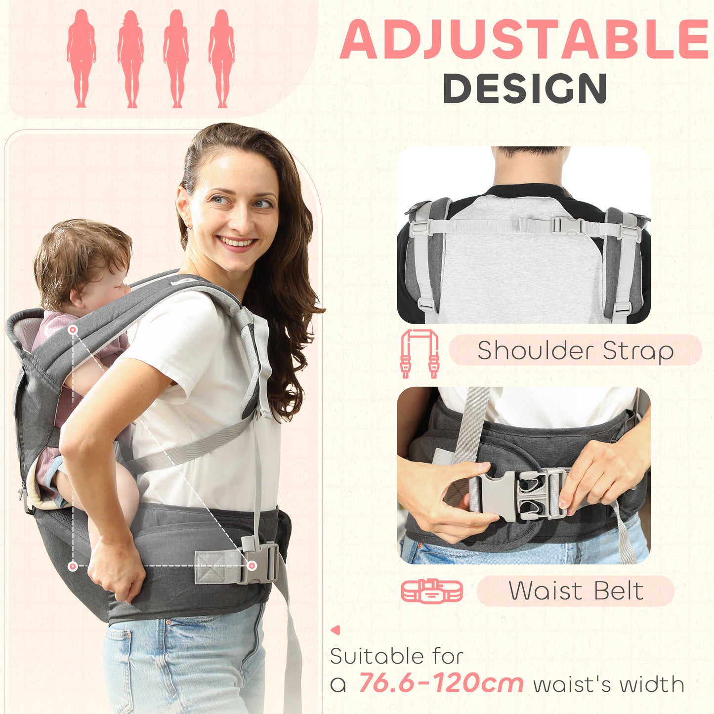 AIYAPLAY 6 in 1 Baby Carrier Newborn to Toddler with Removable Seat for 0-36 Months, Up to 15kg in Grey-3