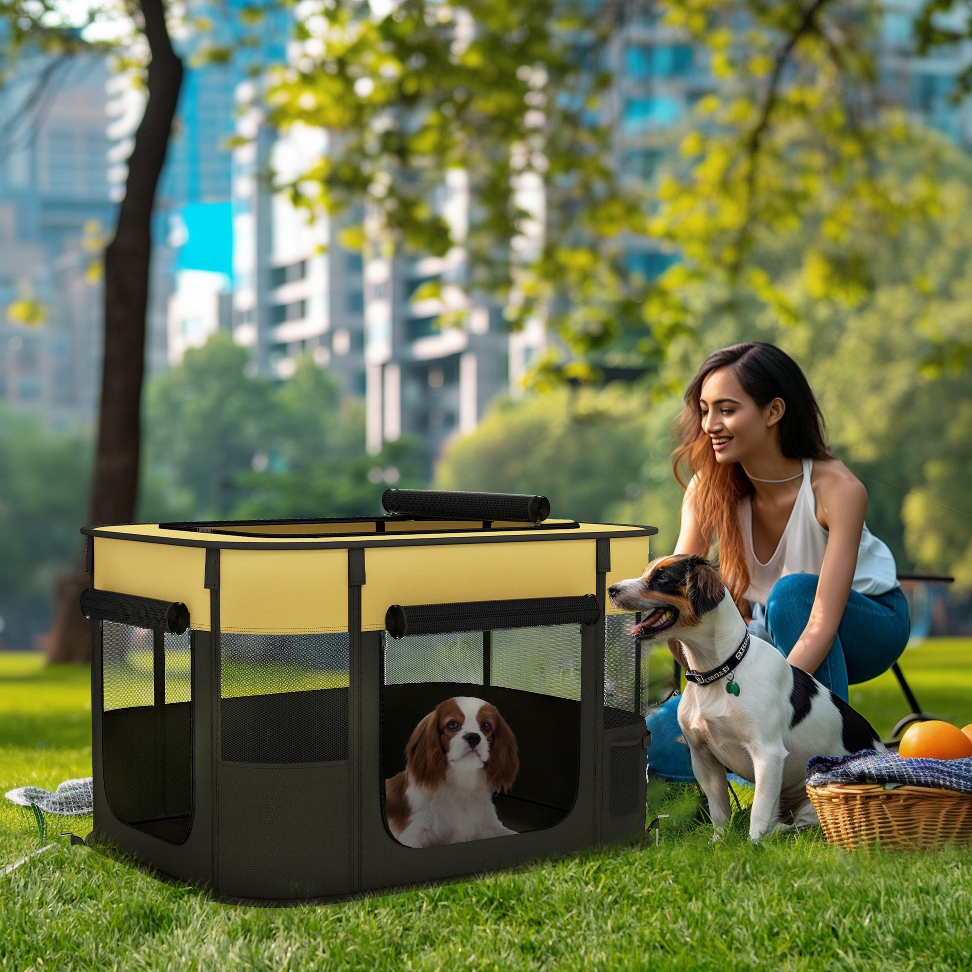 Foldable Dog Pen with Storage Bag for Indoor/Outdoor Use, Yellow | PawHut-8