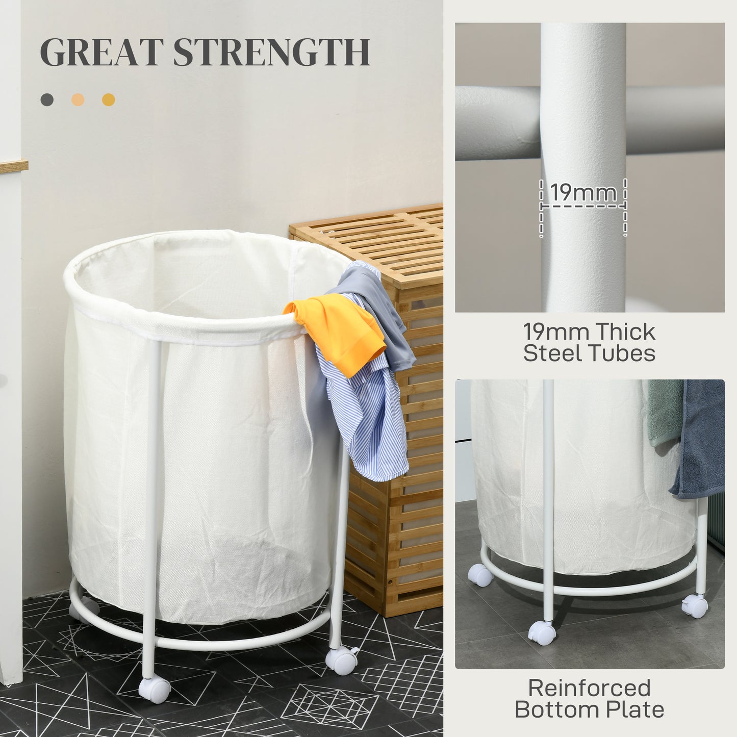 100L Rolling Laundry Basket on Wheels, 50cm Round Laundry Hamper with Removable Bag & Steel Frame for Bedroom, Bathroom, Laundry Room by HOMCOM-5