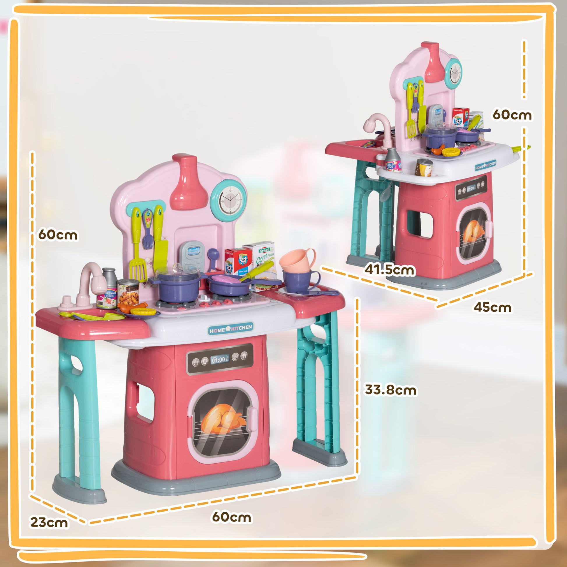 AIYAPLAY Toy Kitchen, 45 Pieces Kids/Toddler Pretend Role Play Kitchen with Rotating Side Tables with Light, Sounds, Spray Effect for Children 3-6 Years in Pink-1