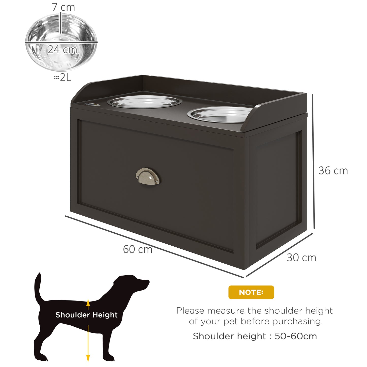 Stainless Steel Raised Dog Bowls, with 21L Storage Drawer for Large Dogs - Brown | PawHut-1