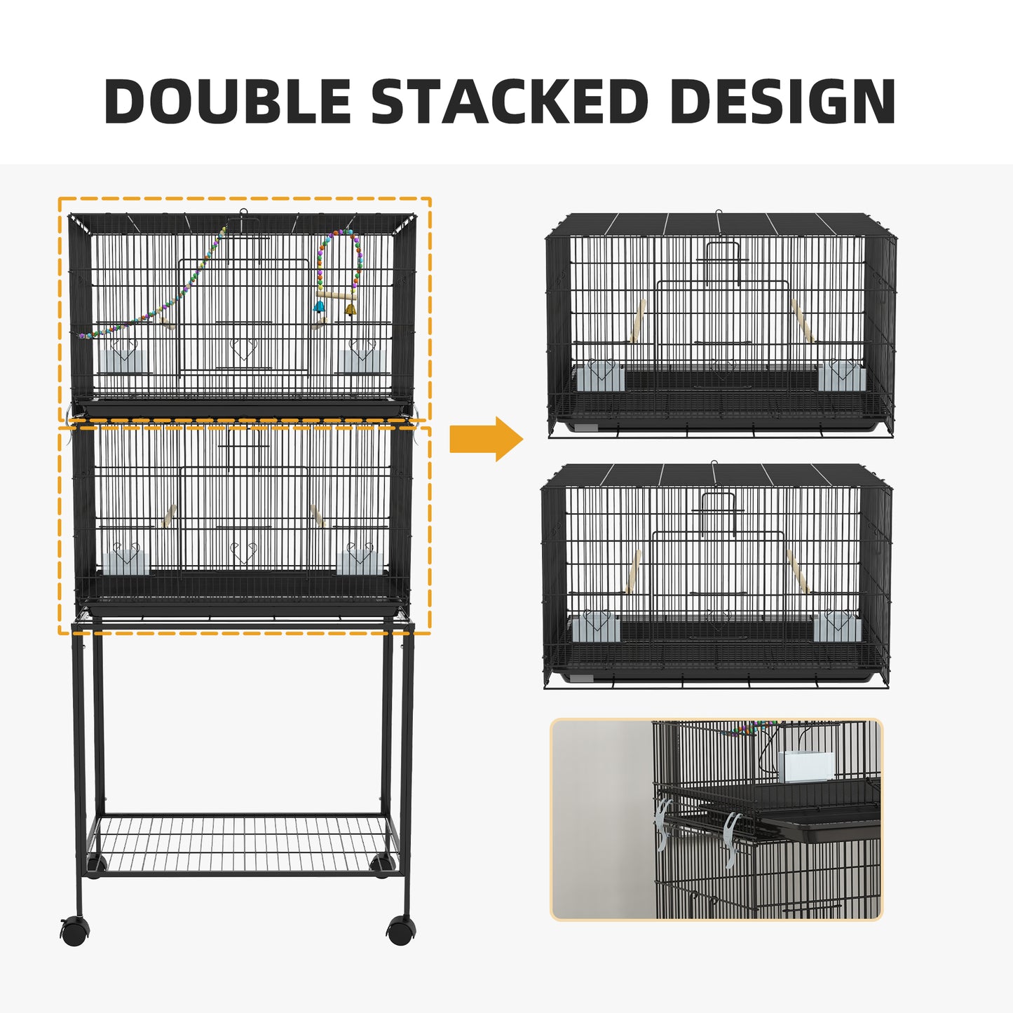 Double Stackable Bird Cage on Wheels with Stand, for Canaries | PawHut-5