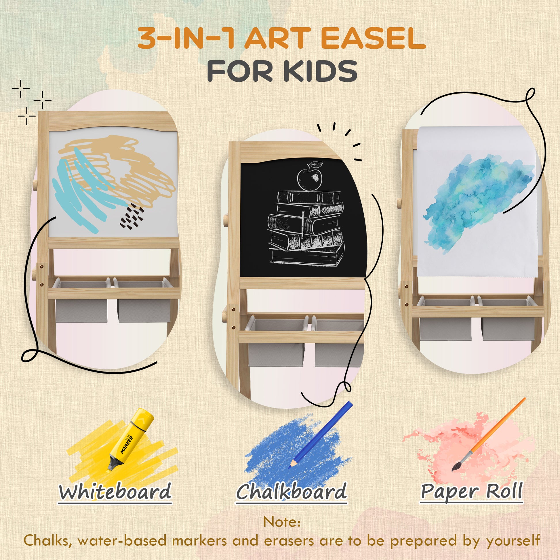 Kids Easel with Paper Roll, 3 in 1 Art Easel for Toddlers, Double-Sided Kids Whiteboard Blackboard with Storage Baskets, 3-6 Years | AIYAPLAY-2