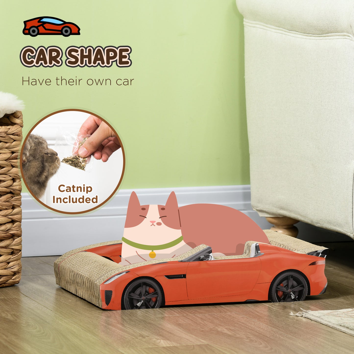 2 in 1 Cat Scratching Board with Catnip, Car-shaped by PawHut-3