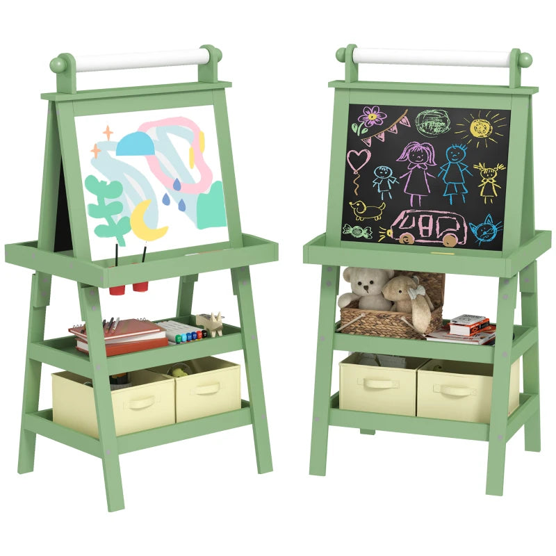 AIYAPLAY 3 in 1 Kids Easel Double-Sided Magnetic Whiteboard and Chalkboard with Paper Roll, Storage Baskets in Green-0