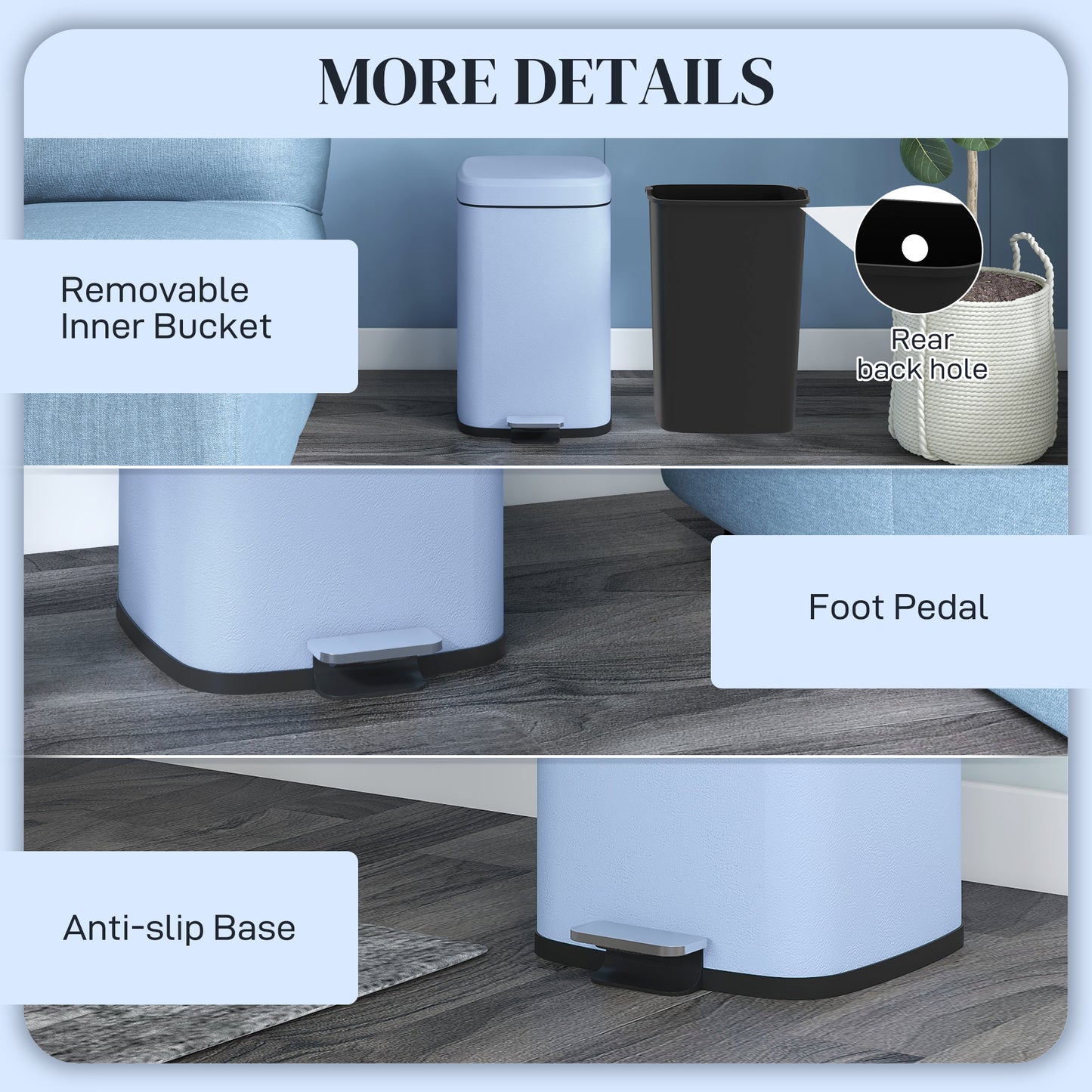 20 Litre Pedal Kitchen Bin, Fingerprint Proof Metal Rubbish Bin with Soft-close Lid, Foot Pedal and Removable Inner Bucket, Light Blue - by HOMCOM-5